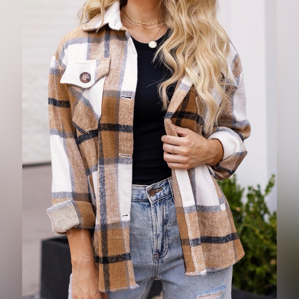 Flannel Tan and Navy Plaid Shacket